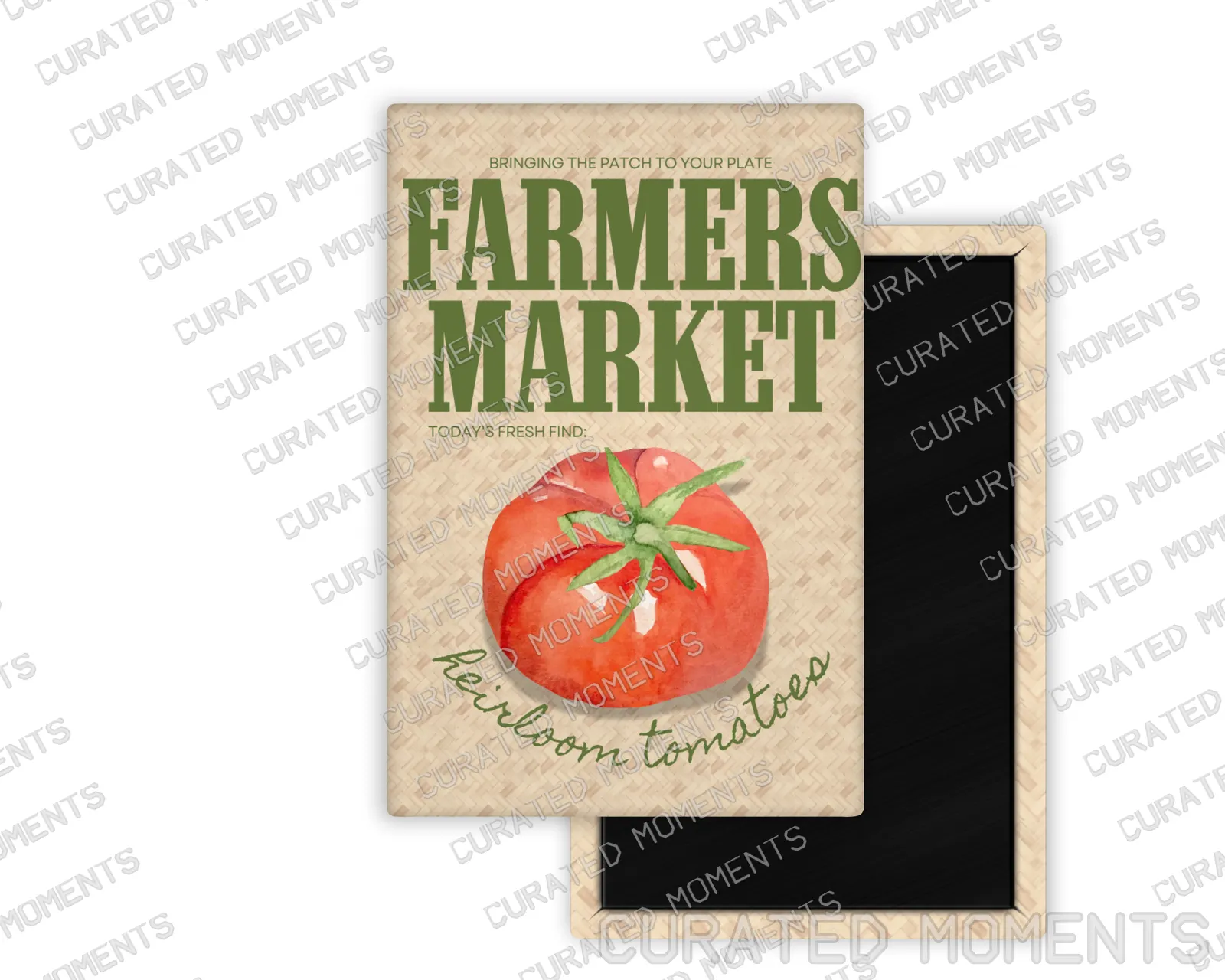 Heirloom Tomatoes Farmers Market portrait magnet mockup with watercolor tomato artwork