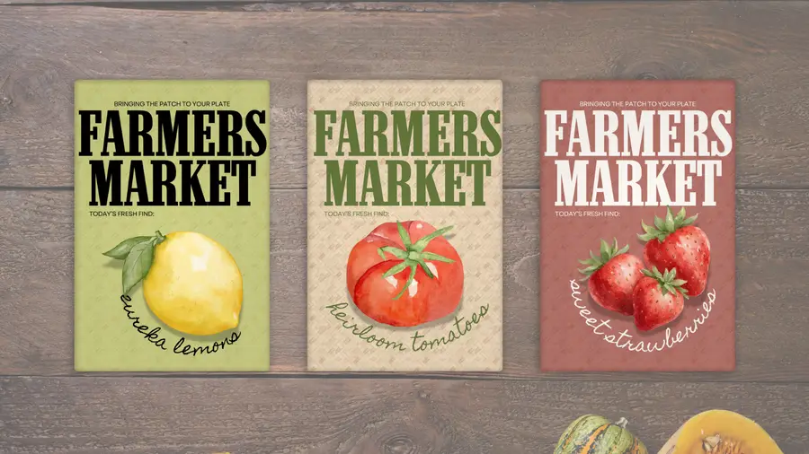 Farmers Market hero arrangement featuring Eureka Lemons, Heirloom Tomatoes, and Sweet Strawberries magnets on wood
