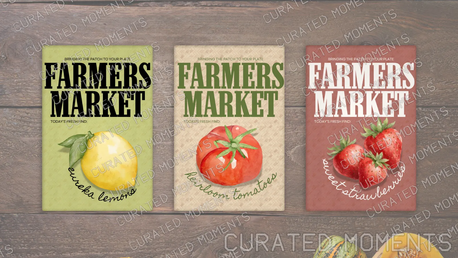 Farmers Market hero arrangement featuring Eureka Lemons, Heirloom Tomatoes, and Sweet Strawberries magnets on wood
