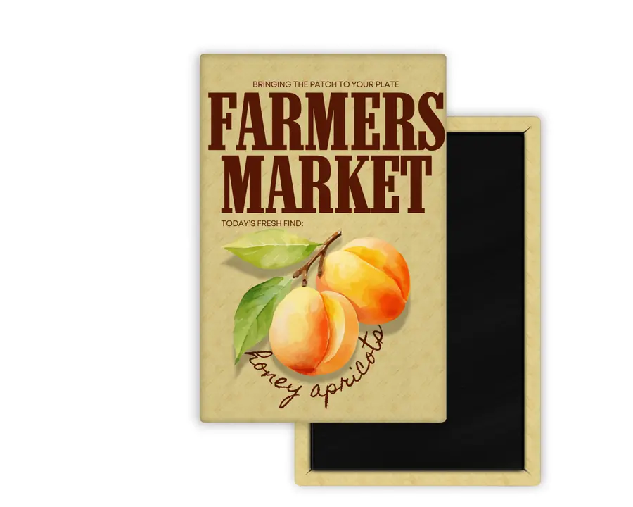 Honey Apricots Farmers Market portrait magnet mockup with watercolor apricot artwork