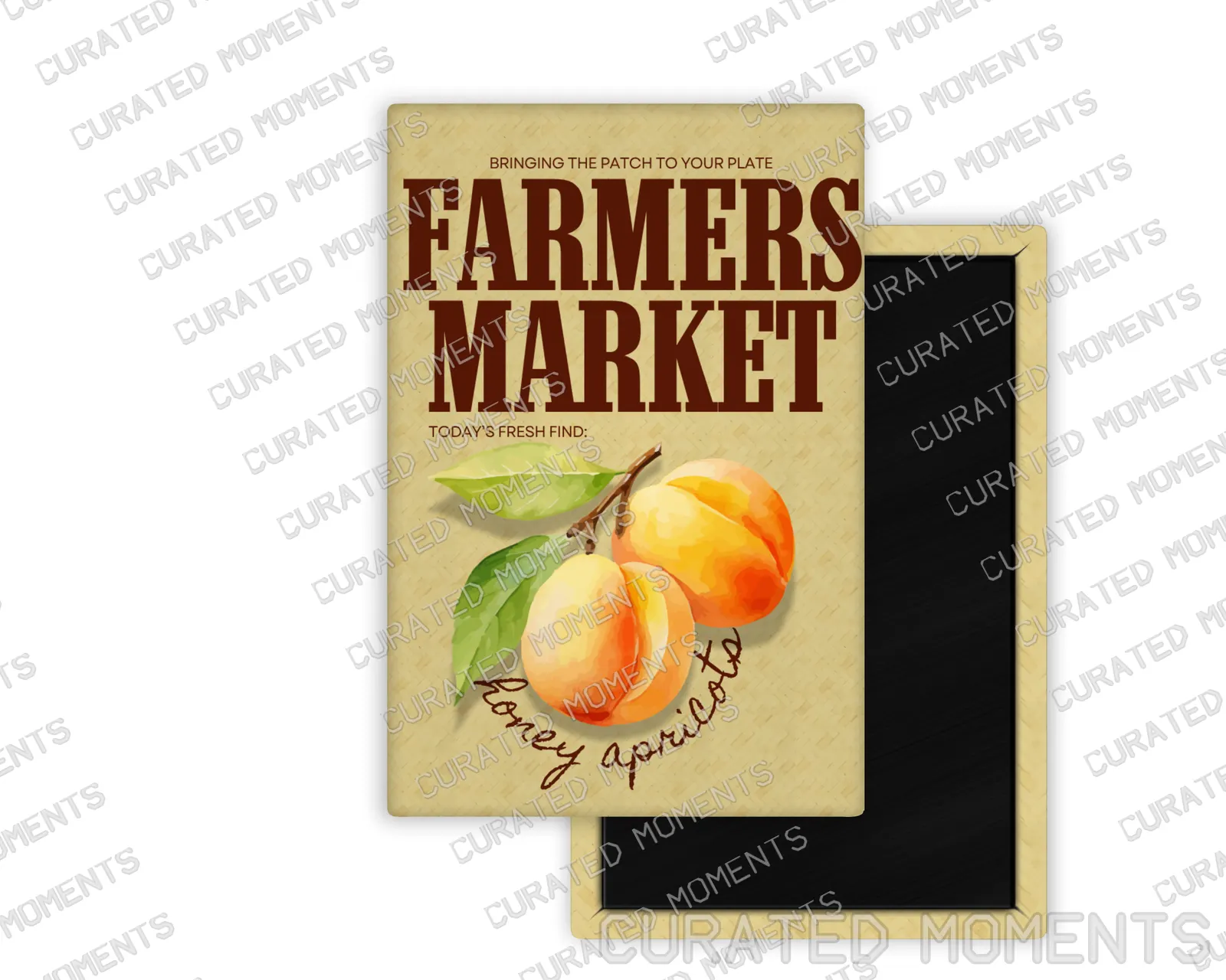 Honey Apricots Farmers Market portrait magnet mockup with watercolor apricot artwork