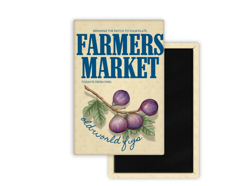 Old-World Figs Farmers Market portrait magnet mockup with watercolor fig artwork