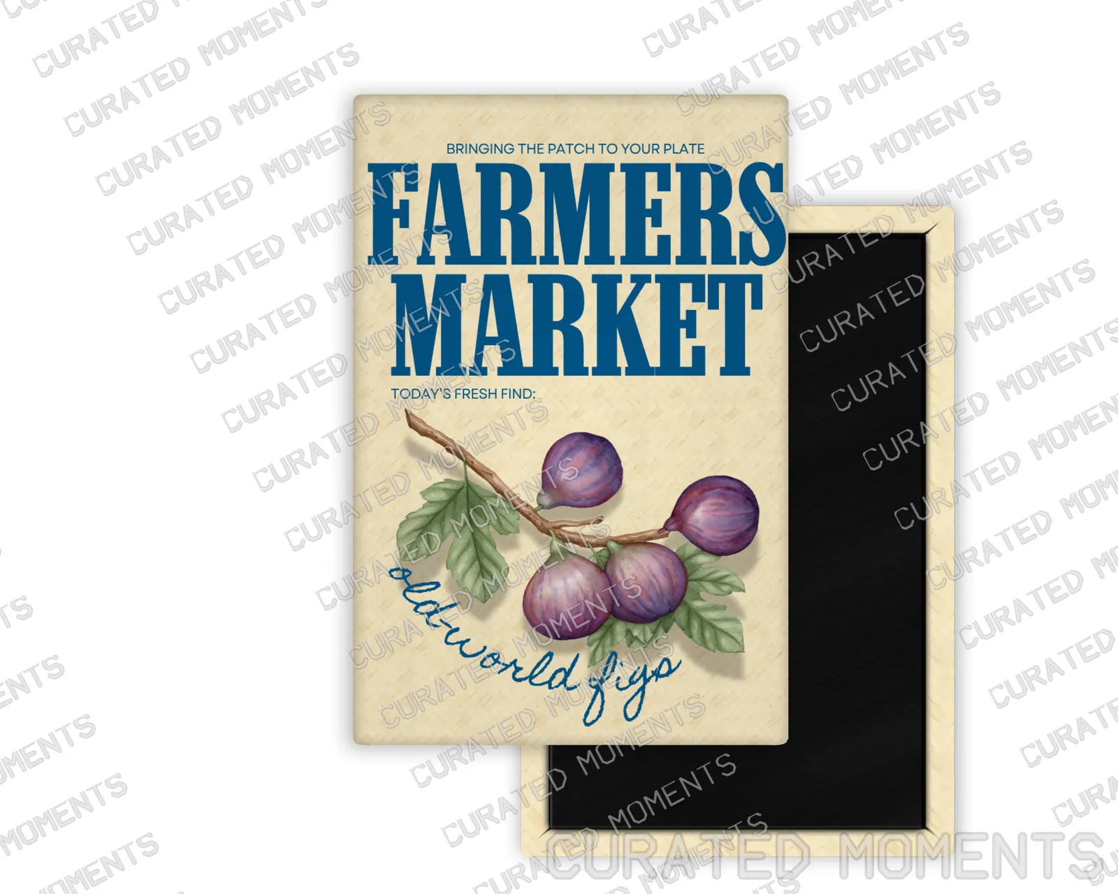 Old-World Figs Farmers Market portrait magnet mockup with watercolor fig artwork