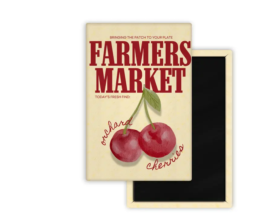 Orchard Cherries Farmers Market portrait magnet mockup with watercolor cherry artwork