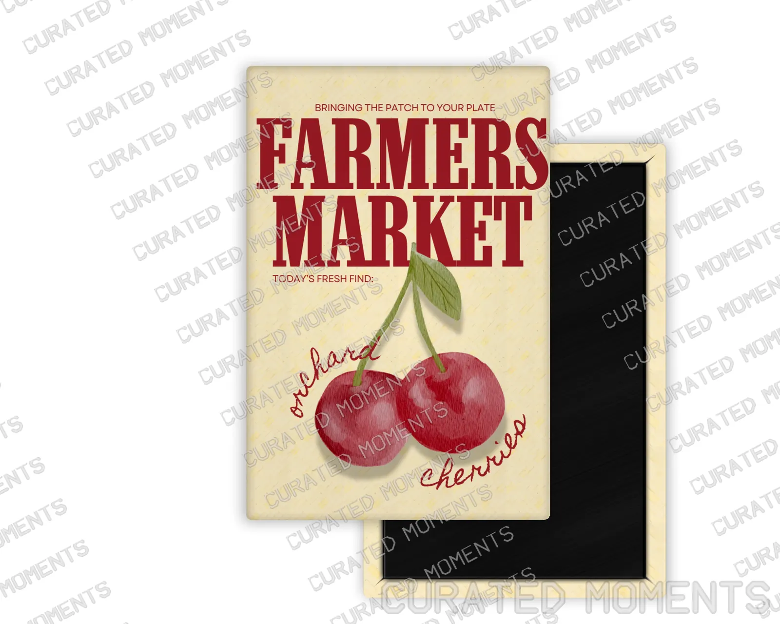 Orchard Cherries Farmers Market portrait magnet mockup with watercolor cherry artwork
