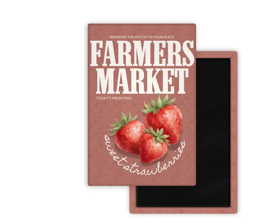 Sweet Strawberries Farmers Market portrait magnet mockup with watercolor strawberry artwork on coral