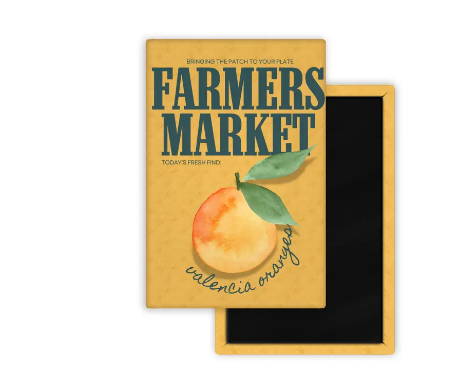 Valencia Oranges Farmers Market portrait magnet mockup with watercolor orange artwork