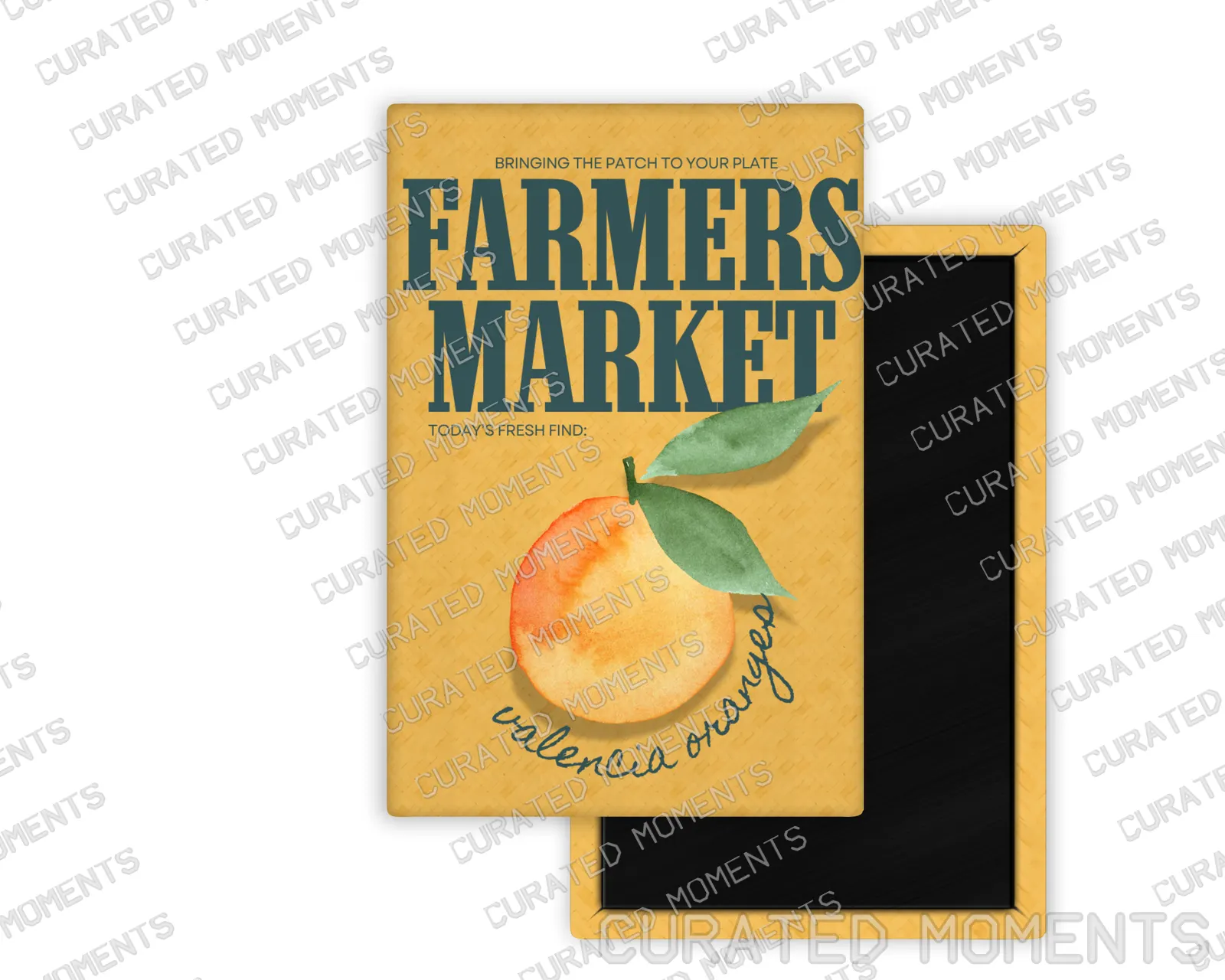 Valencia Oranges Farmers Market portrait magnet mockup with watercolor orange artwork