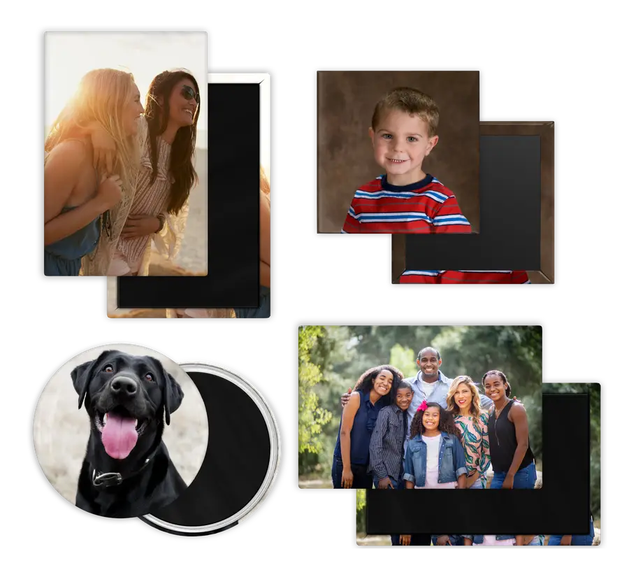 Custom square, rectangular, and round photo magnets featuring friends, a child, a dog, and a family, shown from the front and back.