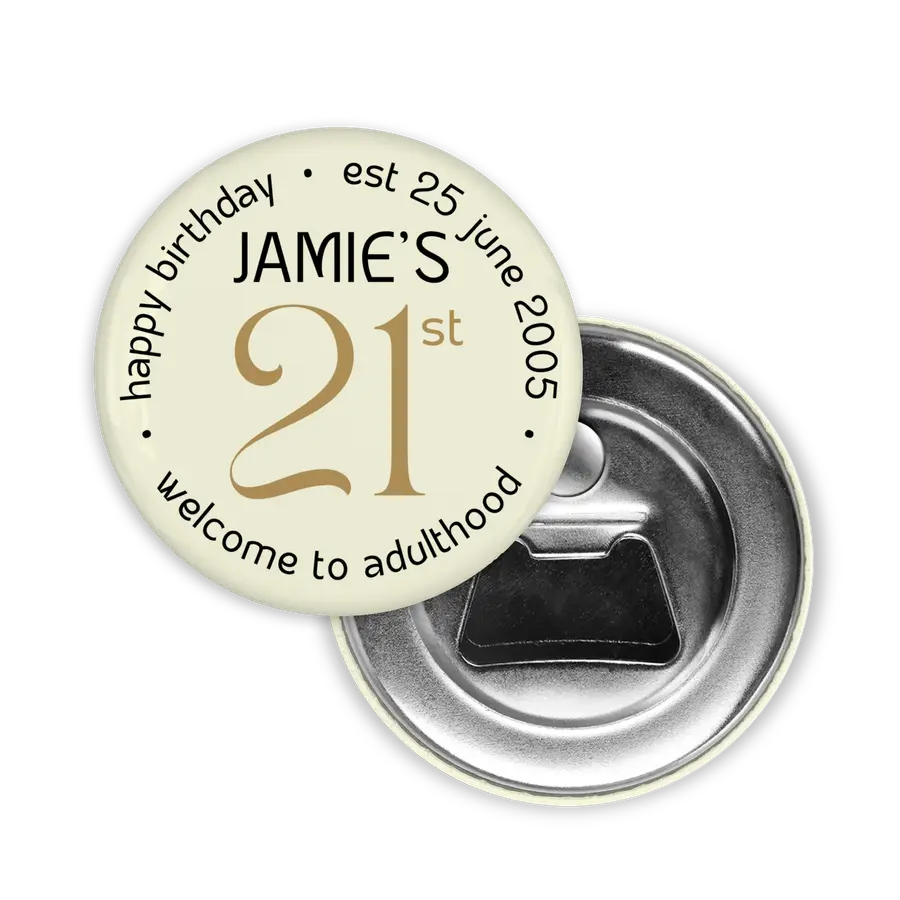 Round personalized milestone-birthday magnetic bottle opener shown from the front and back