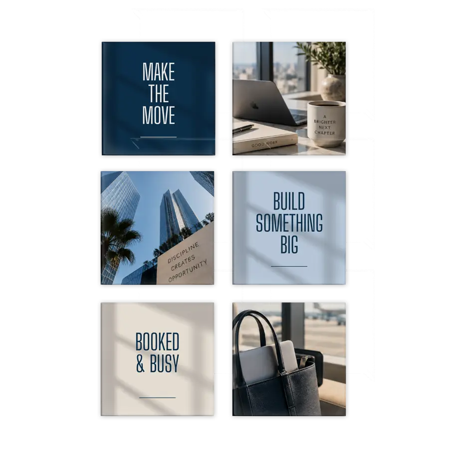 The Career Edit six-piece magnet set with motivational phrases and modern work imagery in navy and pale blue
