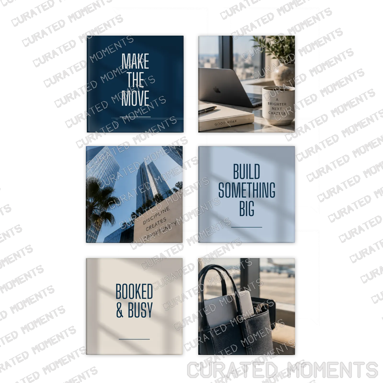 The Career Edit six-piece magnet set with motivational phrases and modern work imagery in navy and pale blue
