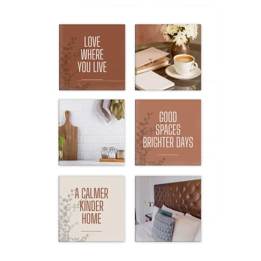 The Home Edit six-piece magnet set with cozy home imagery and encouraging phrases in warm terracotta and cream