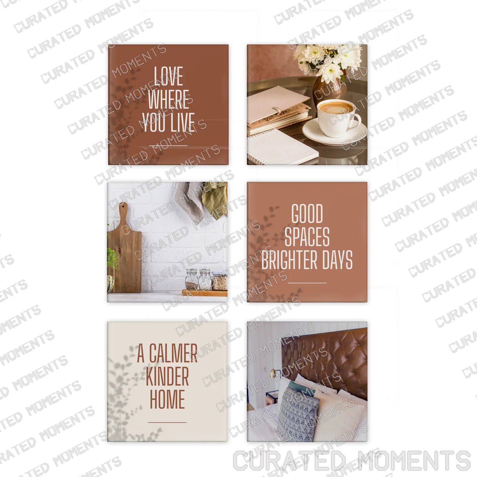 The Home Edit six-piece magnet set with cozy home imagery and encouraging phrases in warm terracotta and cream