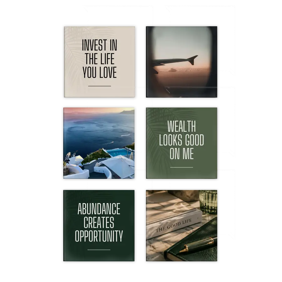 The Wealth Edit six-piece magnet set with travel, abundance and good-life imagery in cream and deep green