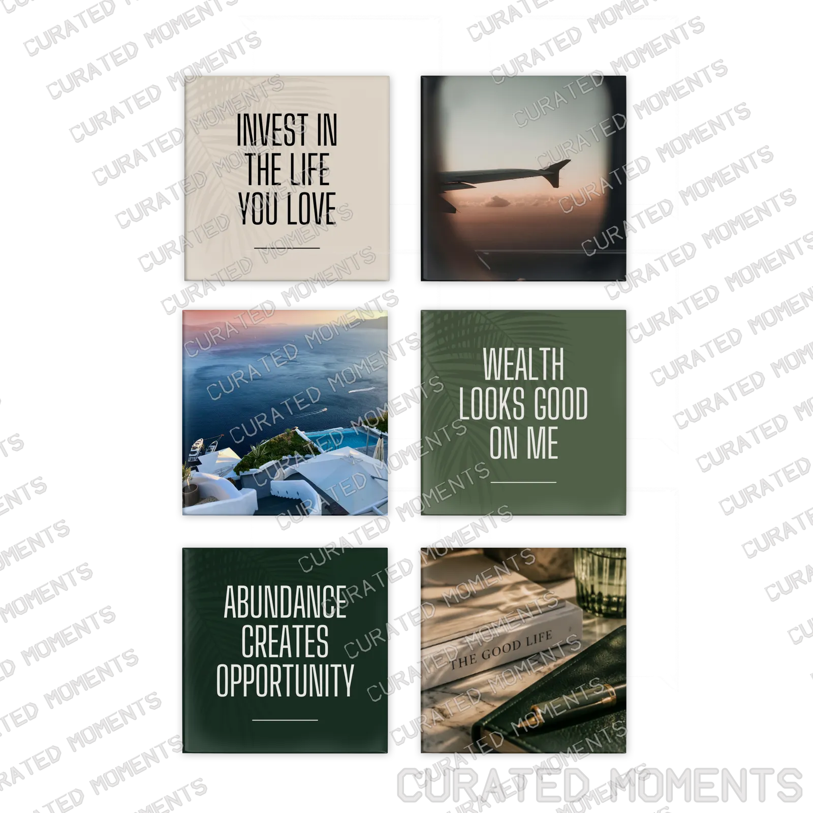 The Wealth Edit six-piece magnet set with travel, abundance and good-life imagery in cream and deep green