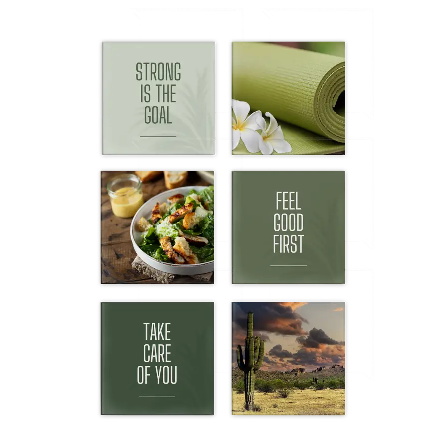 The Wellness Edit six-piece magnet set with movement, nourishing food and self-care imagery in calming greens