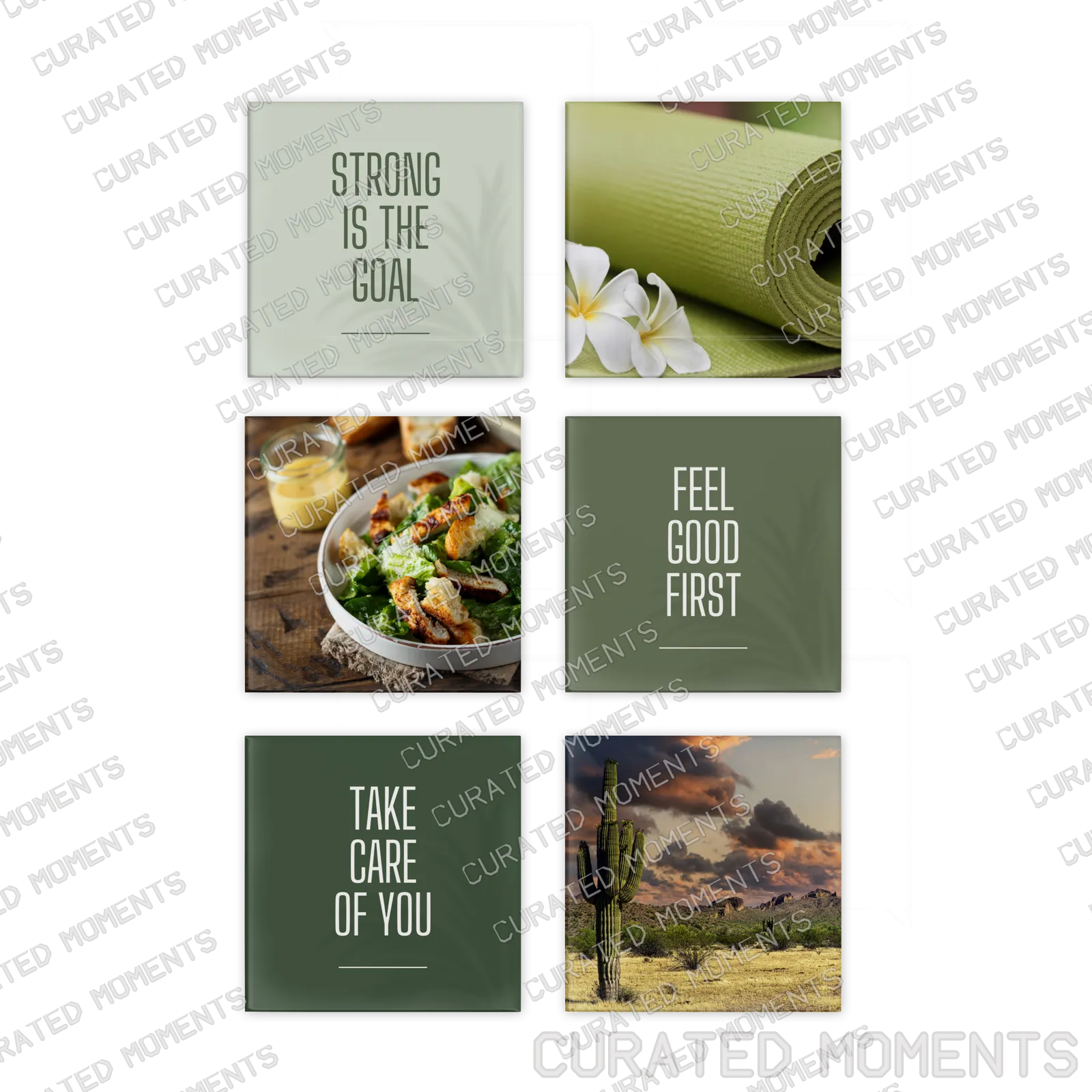 The Wellness Edit six-piece magnet set with movement, nourishing food and self-care imagery in calming greens