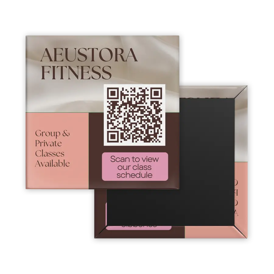 Aeustora Fitness square sample magnet with a QR code linking to the fictional class schedule demonstration