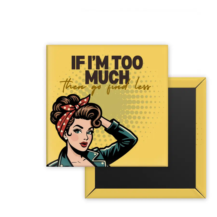 Go Find Less Retro Women square magnet mockup in bright yellow
