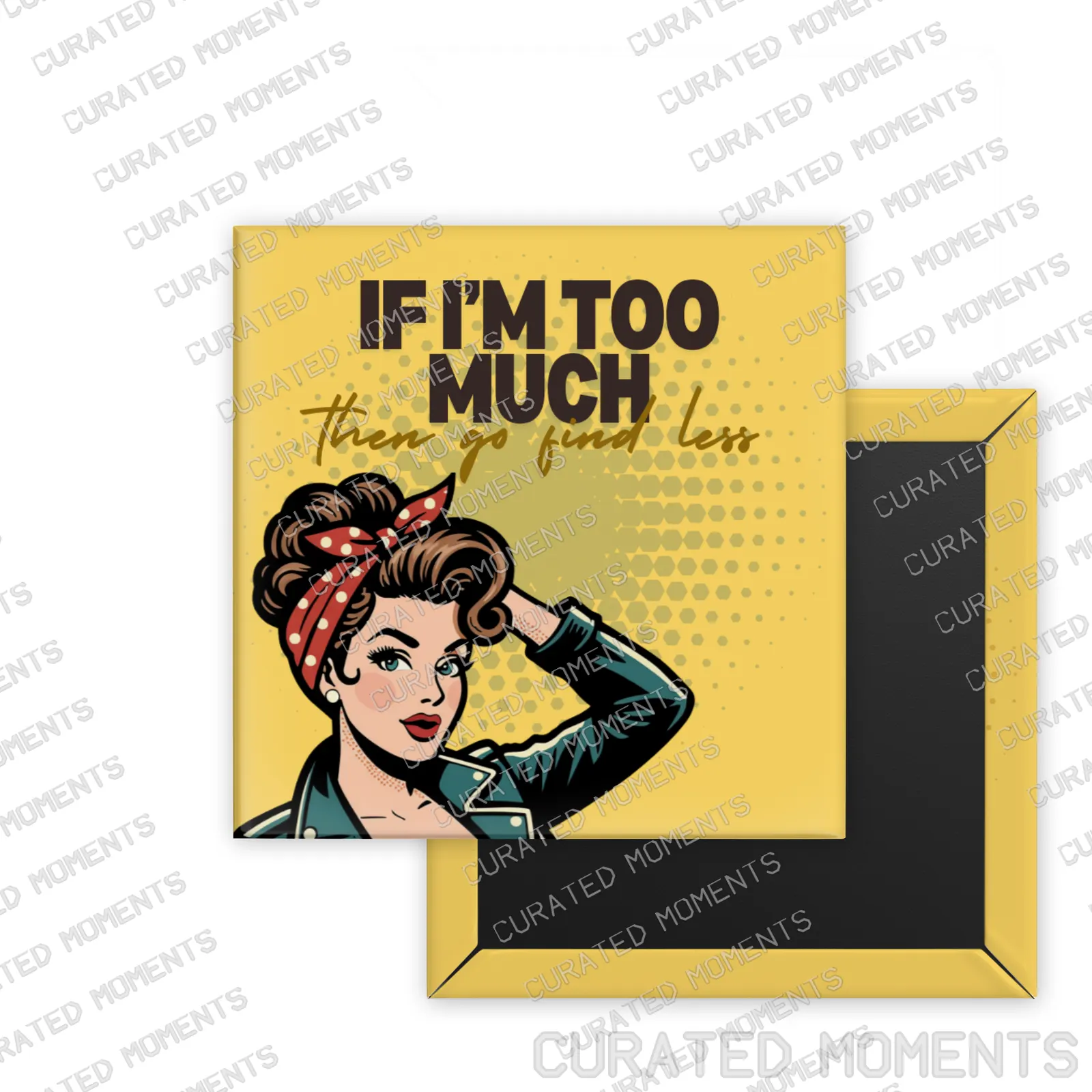 Go Find Less Retro Women square magnet mockup in bright yellow