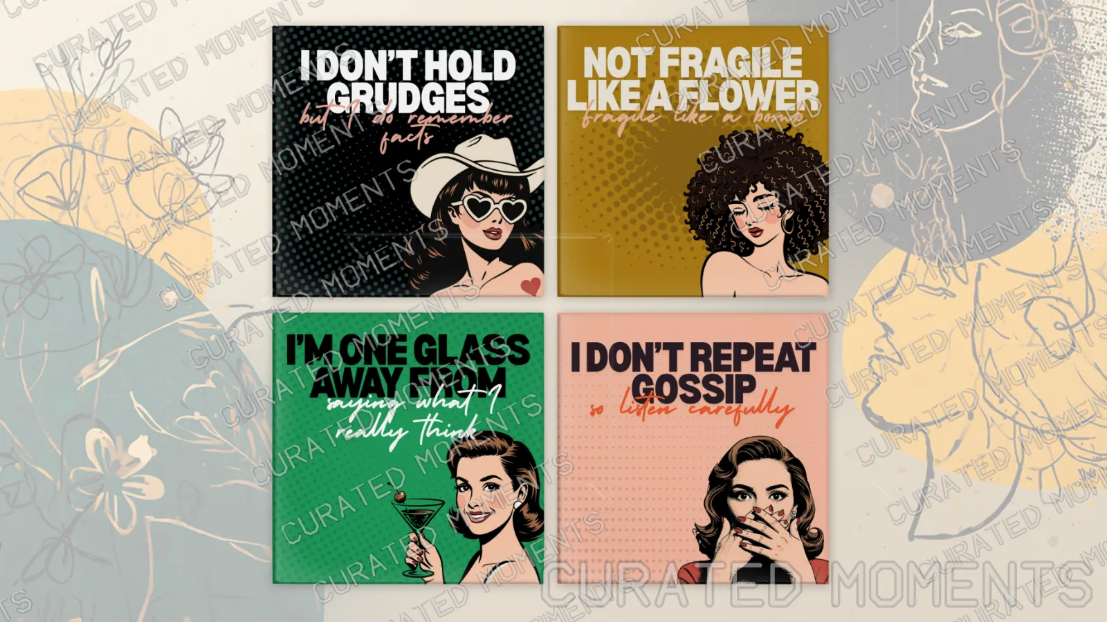 Retro Women hero arrangement featuring four colorful witty magnet designs with illustrated women