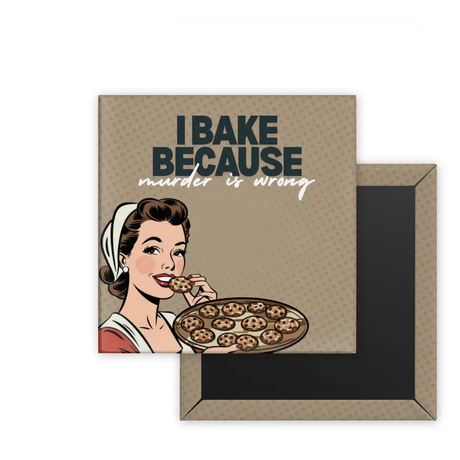 I Bake Because Retro Women square magnet mockup in a warm neutral colorway