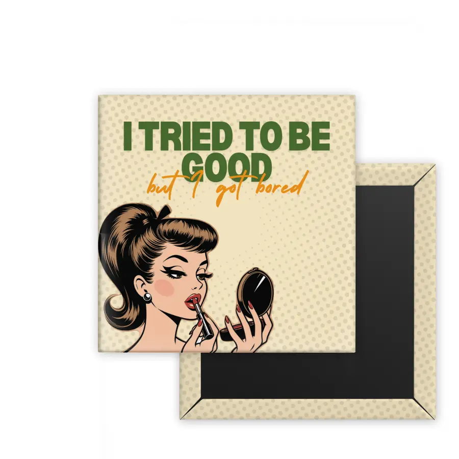 I Got Bored Retro Women square magnet mockup in cream and green
