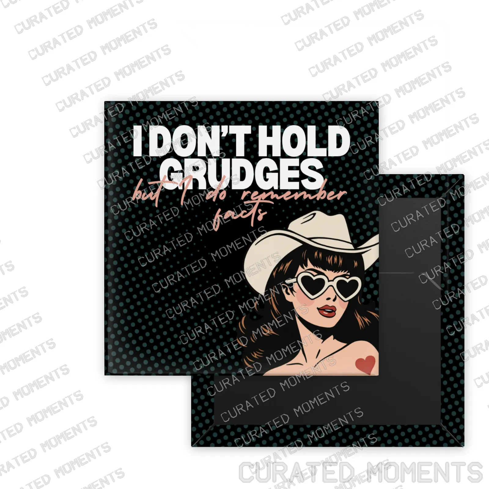 I Remember Facts Retro Women square magnet mockup in black and teal