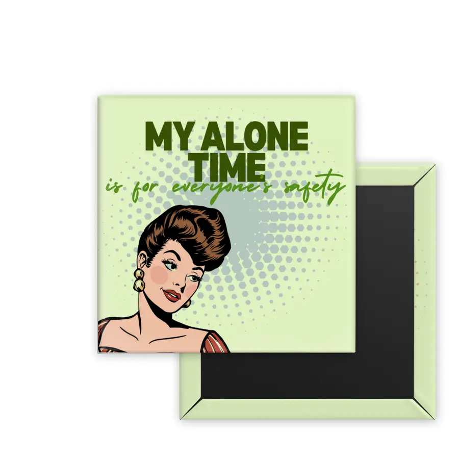 My Alone Time Retro Women square magnet mockup in pale green