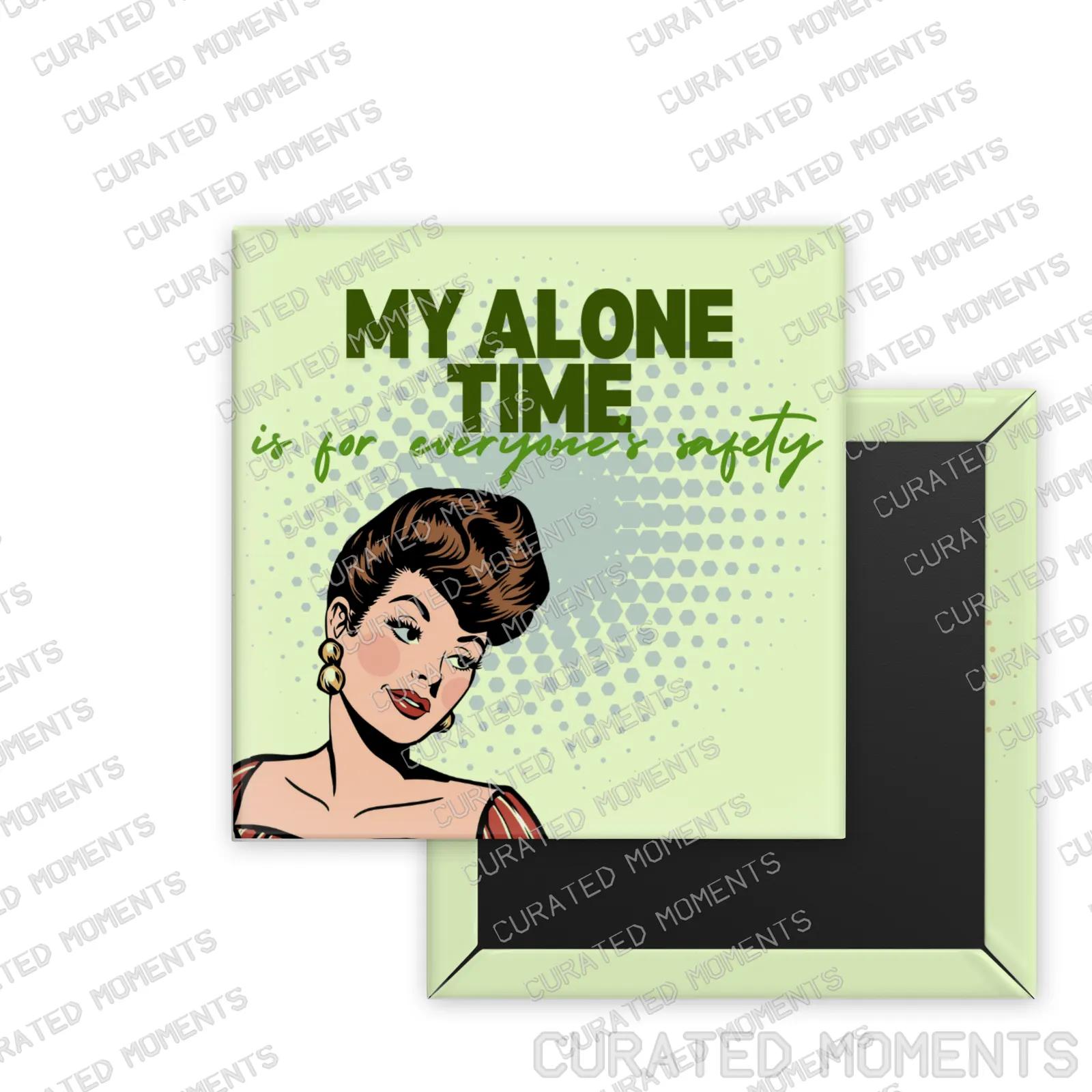 My Alone Time Retro Women square magnet mockup in pale green