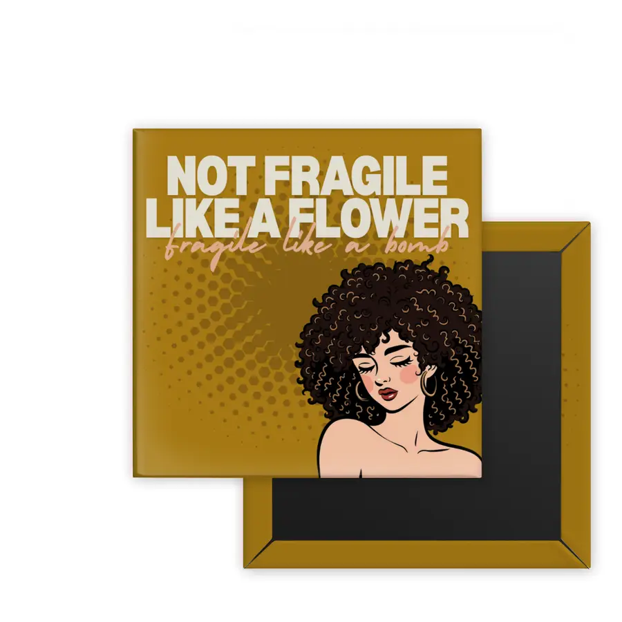 Not Fragile Retro Women square magnet mockup in golden ochre