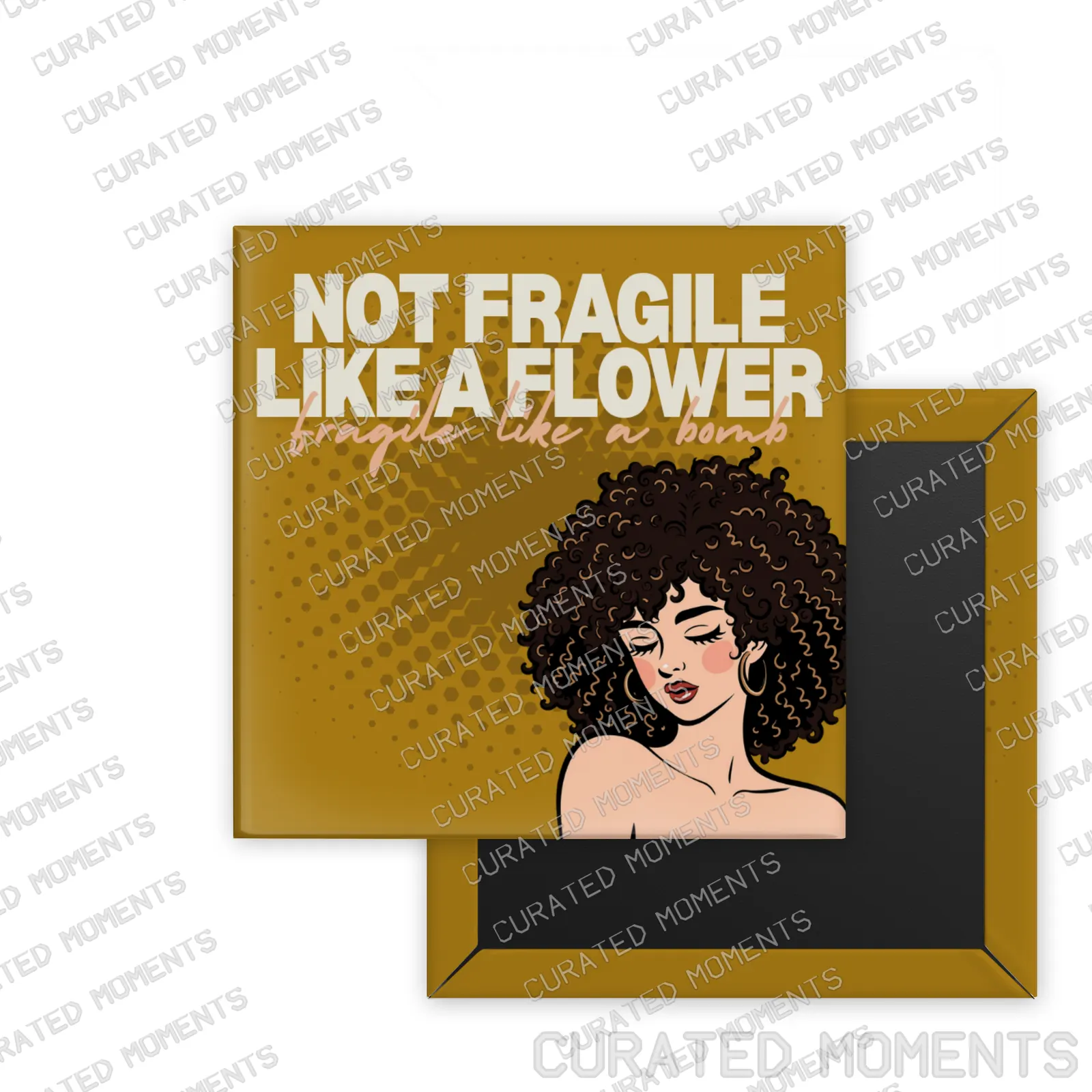 Not Fragile Retro Women square magnet mockup in golden ochre