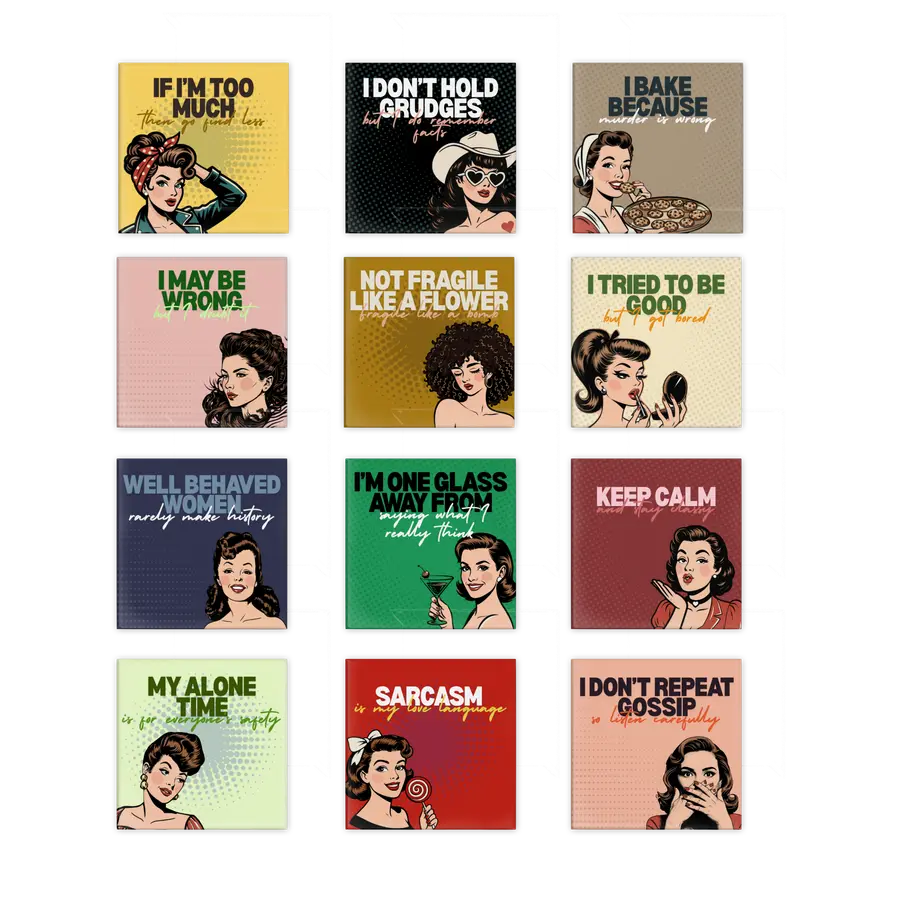Complete Retro Women set showing all twelve square magnet designs