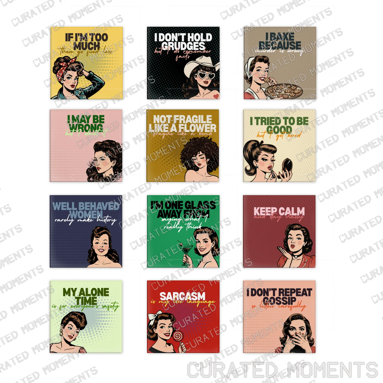 Complete Retro Women set showing all twelve square magnet designs