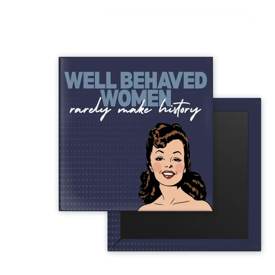 Well-Behaved Women Retro Women square magnet mockup in navy blue