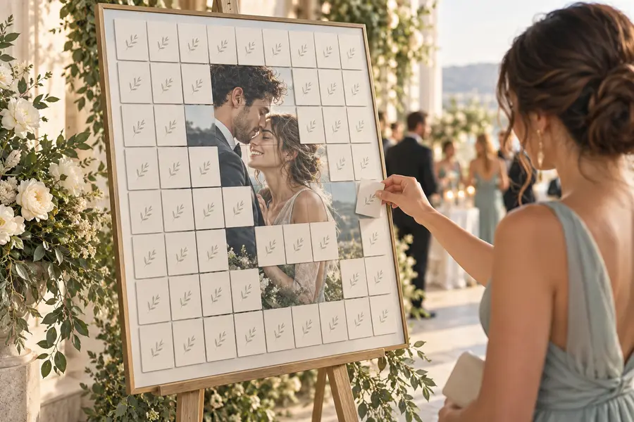 Concept illustration of a wedding guest removing a magnet from a framed Reveal seating display as the couple's photograph appears beneath
