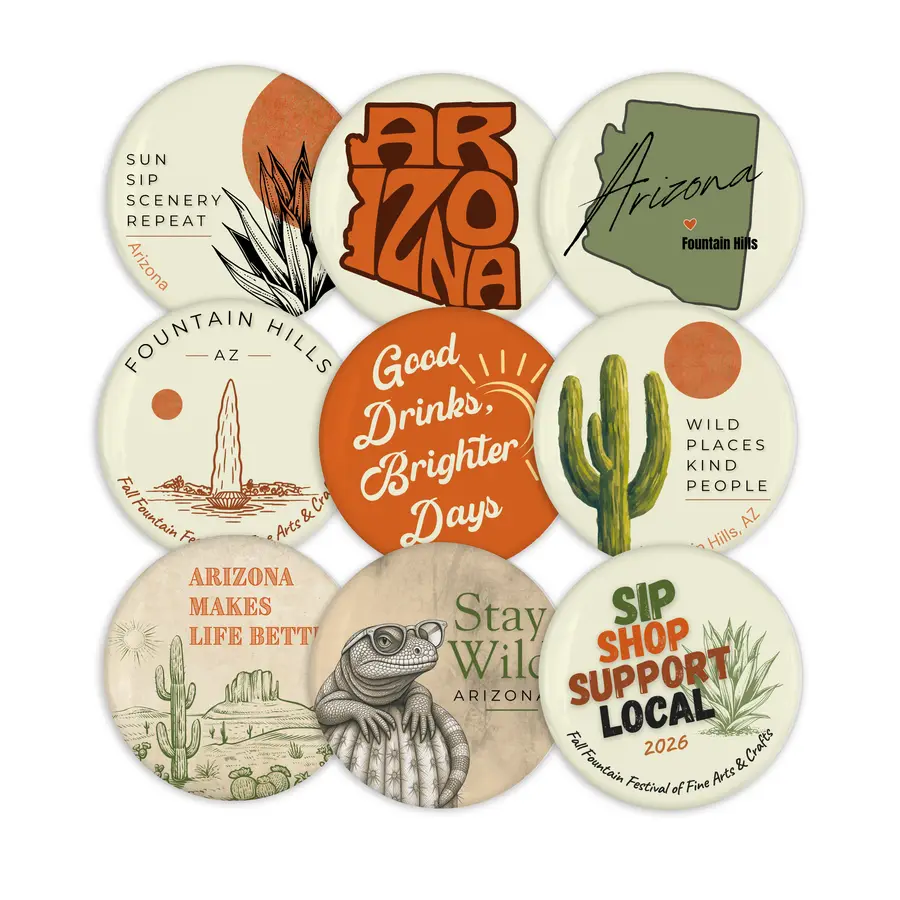 Complete Shop Local collection showing all nine Arizona and Fountain Hills magnetic bottle opener designs