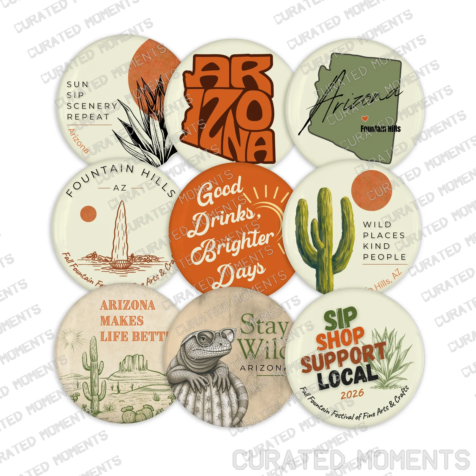 Complete Shop Local collection showing all nine Arizona and Fountain Hills magnetic bottle opener designs
