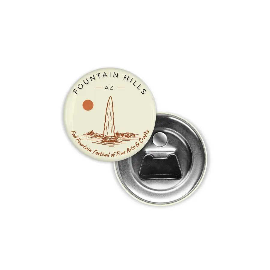 Fountain Hills Arts Fest 2026 magnetic bottle opener with fountain artwork and a metal opener back
