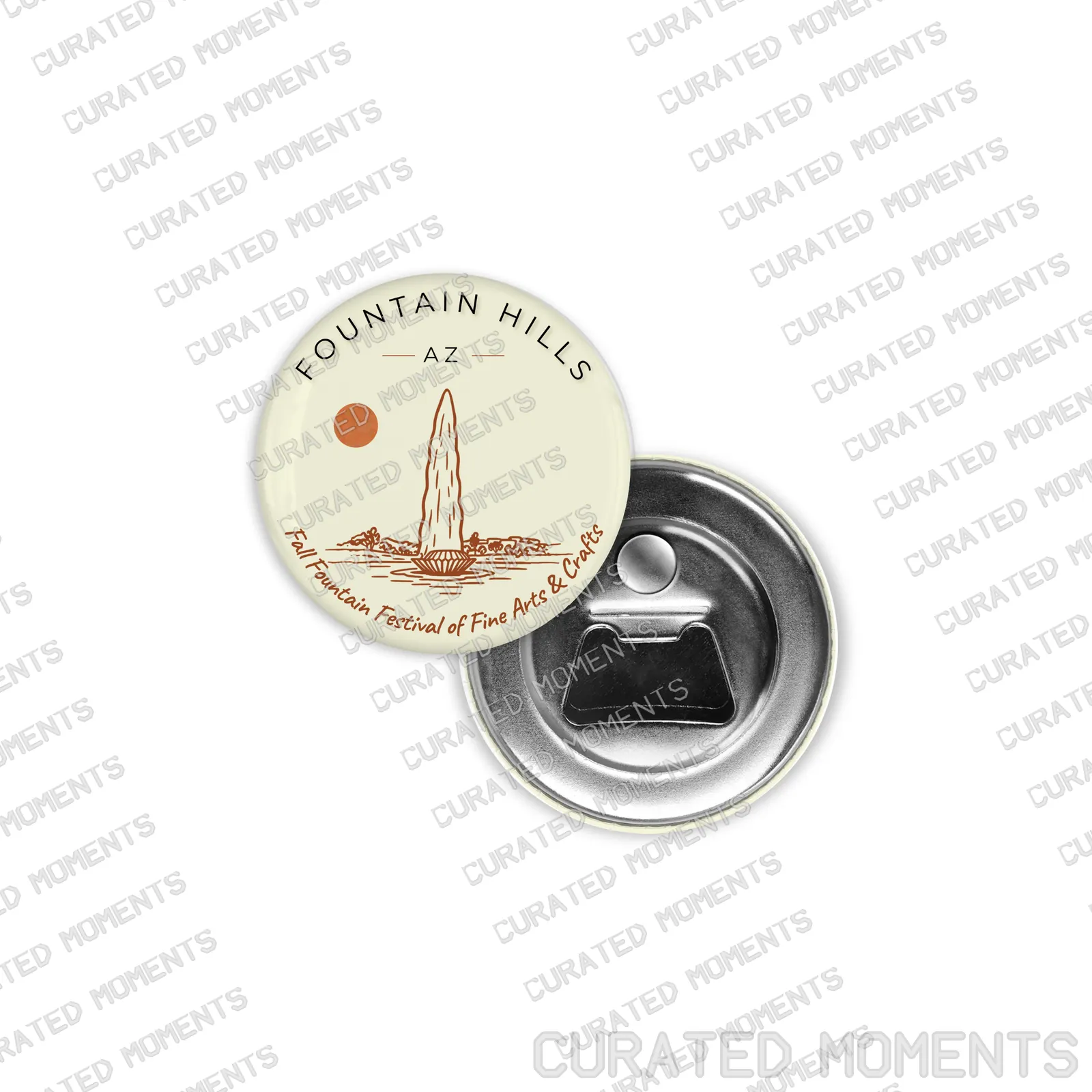 Fountain Hills Arts Fest 2026 magnetic bottle opener with fountain artwork and a metal opener back
