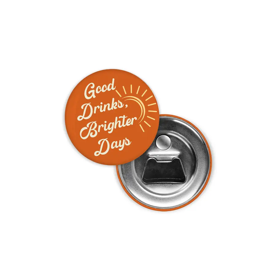 Orange Good Drinks Brighter Days magnetic bottle opener with a metal opener back