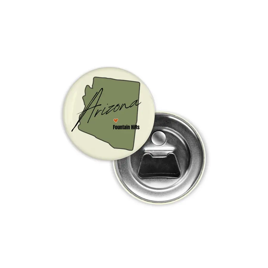Heart of Fountain Hills Arizona magnetic bottle opener showing its illustrated front and metal opener back