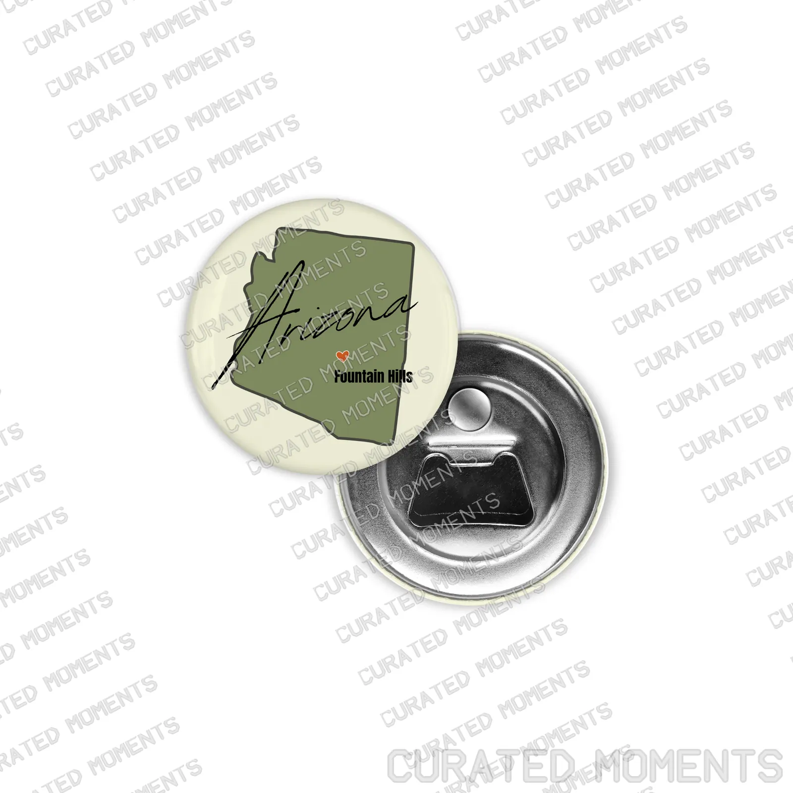 Heart of Fountain Hills Arizona magnetic bottle opener showing its illustrated front and metal opener back