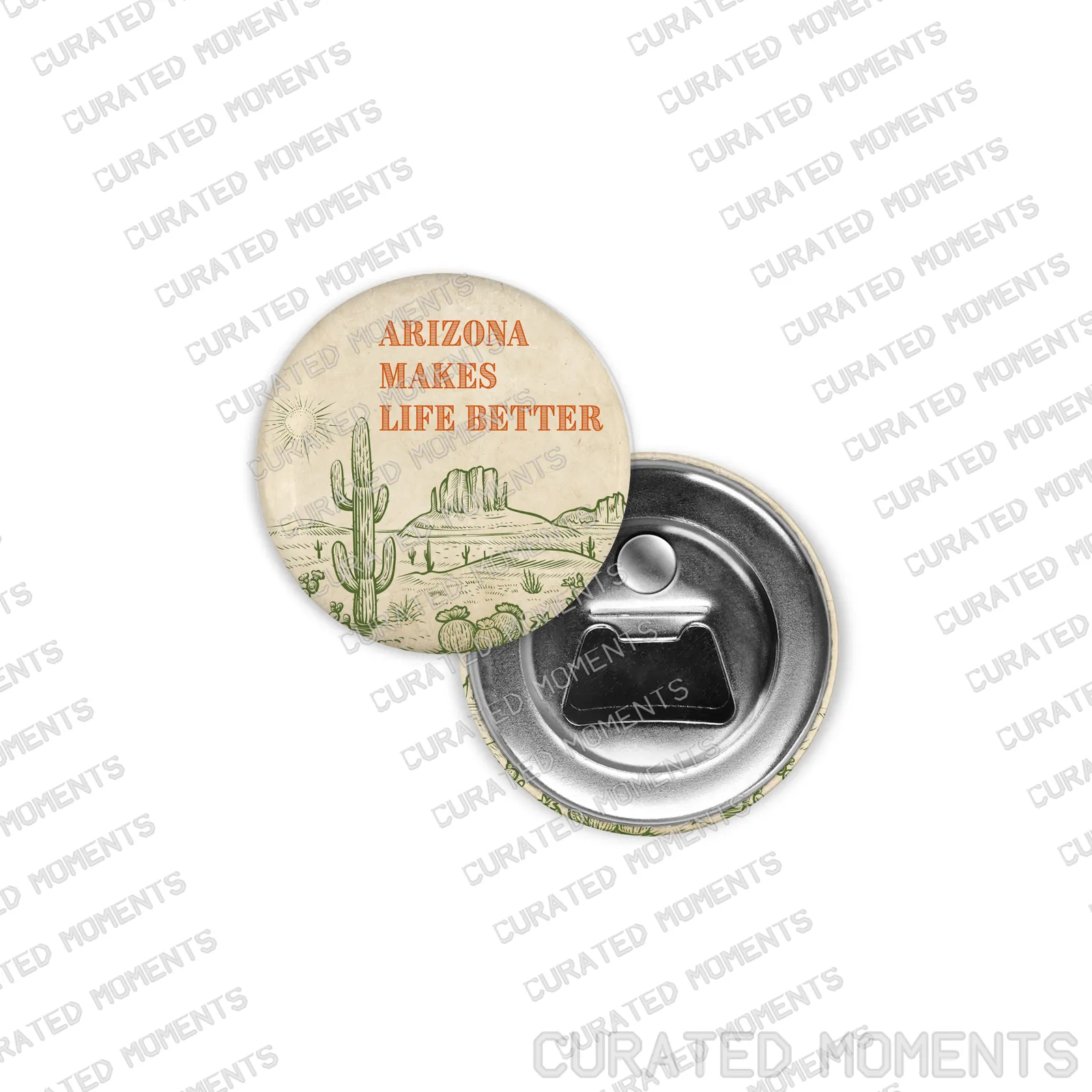 Life's Better in Arizona magnetic bottle opener with a vintage desert scene and a metal opener back