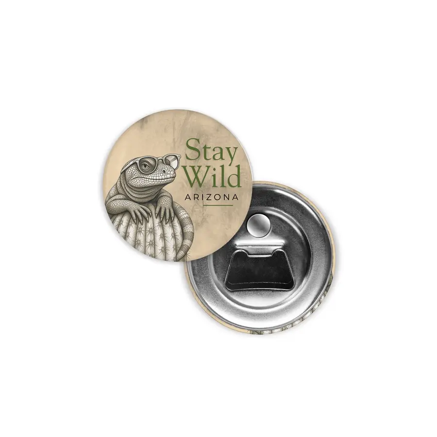 Stay Wild Arizona magnetic bottle opener with an illustrated lizard wearing glasses and a metal opener back