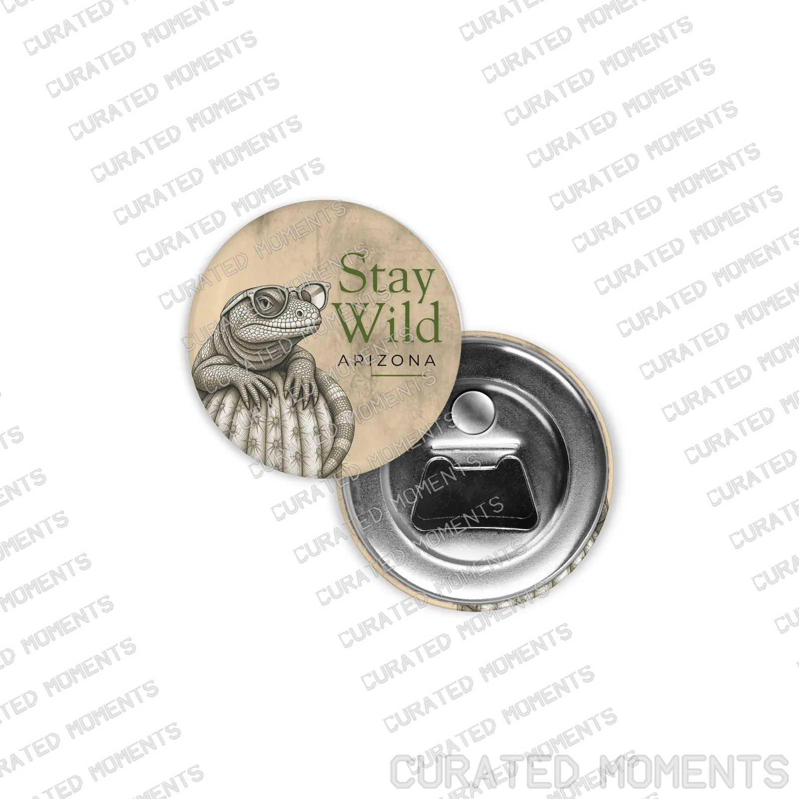 Stay Wild Arizona magnetic bottle opener with an illustrated lizard wearing glasses and a metal opener back