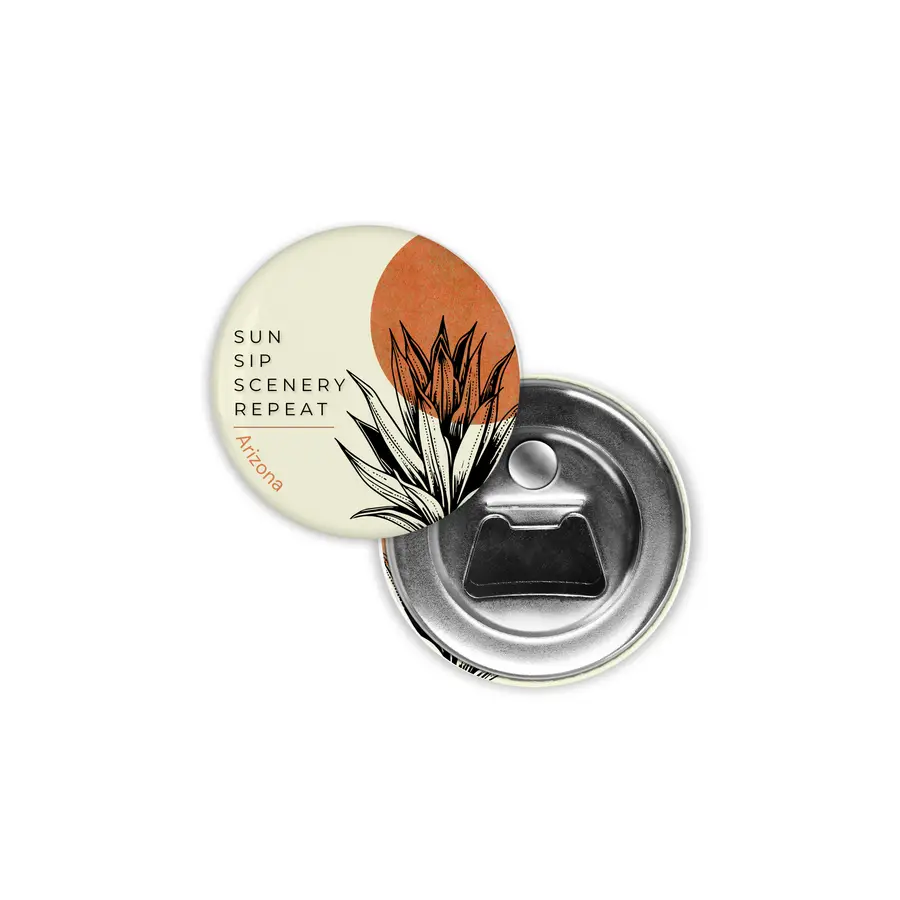 Sun Sip Scenery Repeat Arizona magnetic bottle opener with agave artwork and a metal opener back