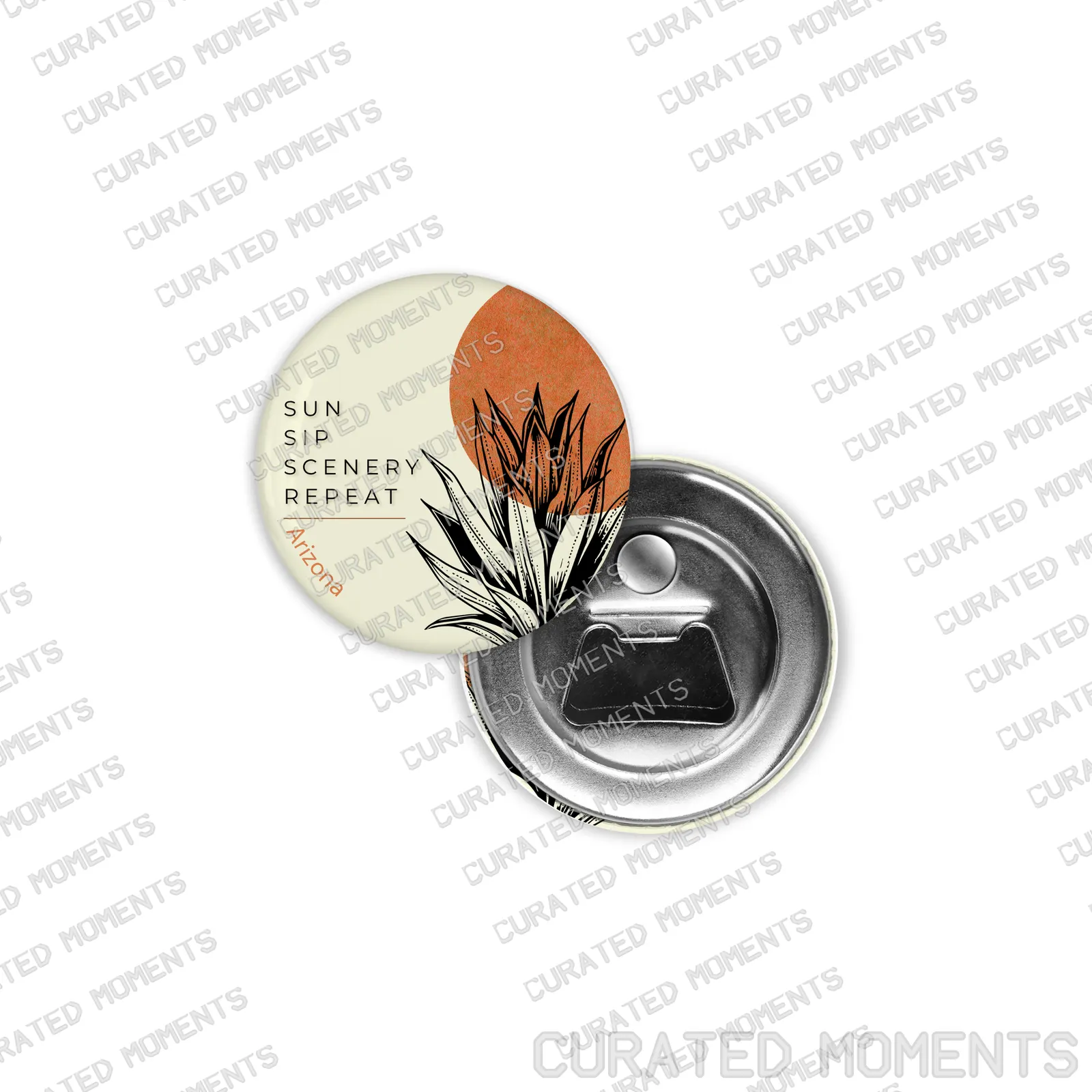 Sun Sip Scenery Repeat Arizona magnetic bottle opener with agave artwork and a metal opener back