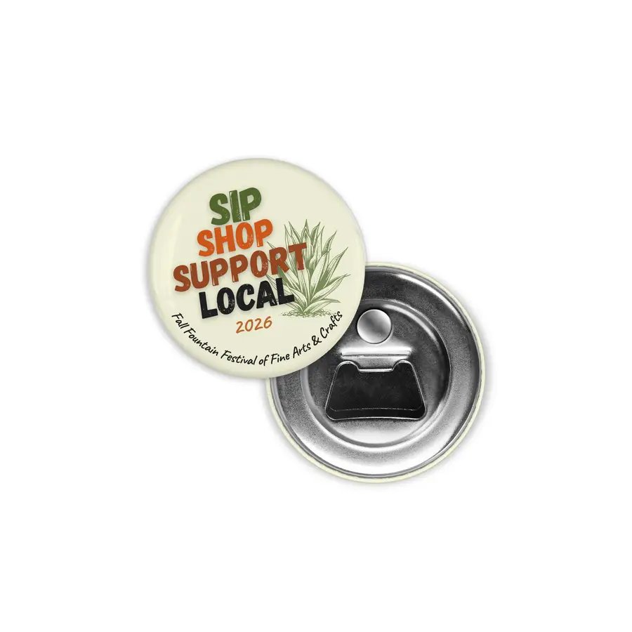 Support Local Artists 2026 magnetic bottle opener for the Fountain Hills arts festival with a metal opener back